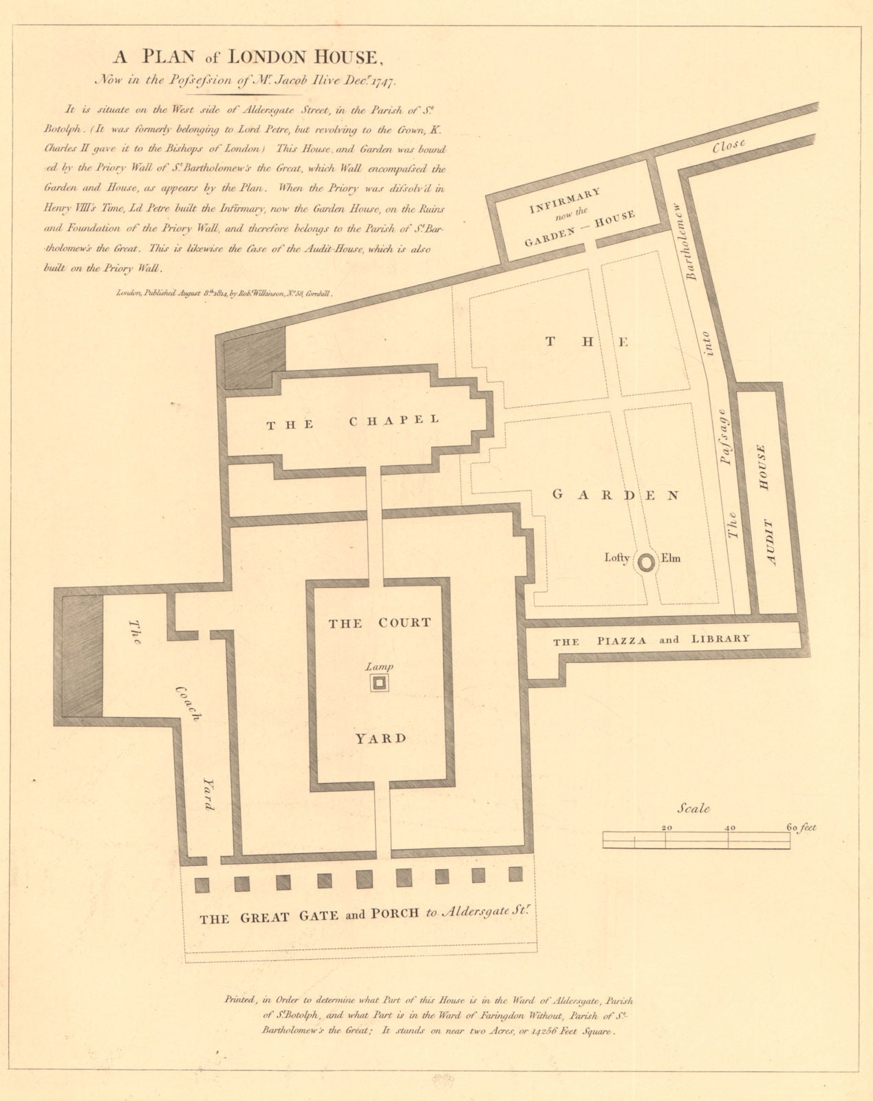 LONDON HOUSE, Aldersgate Street in 1747. Bishop of London. Jacob Ilive 1834 map